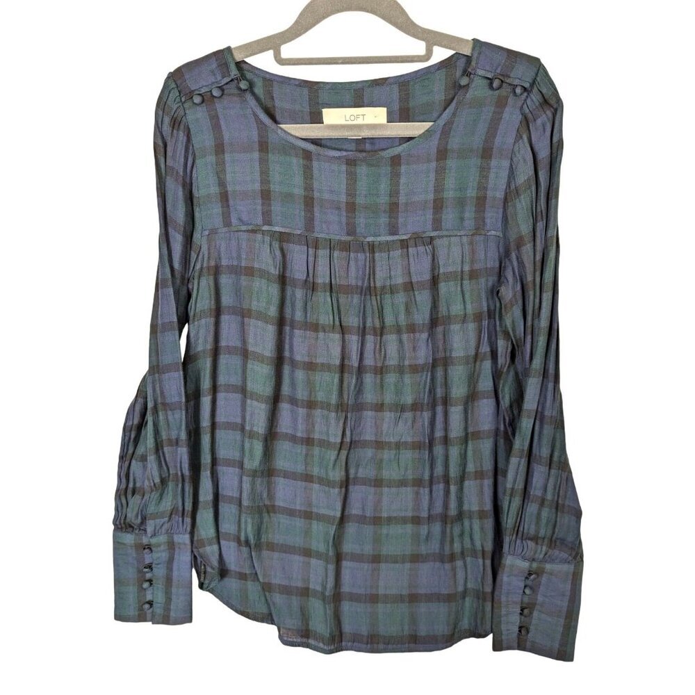 Loft Women size S Tartan Green Plaid Top Long Sleeve Classic Preppy Academia